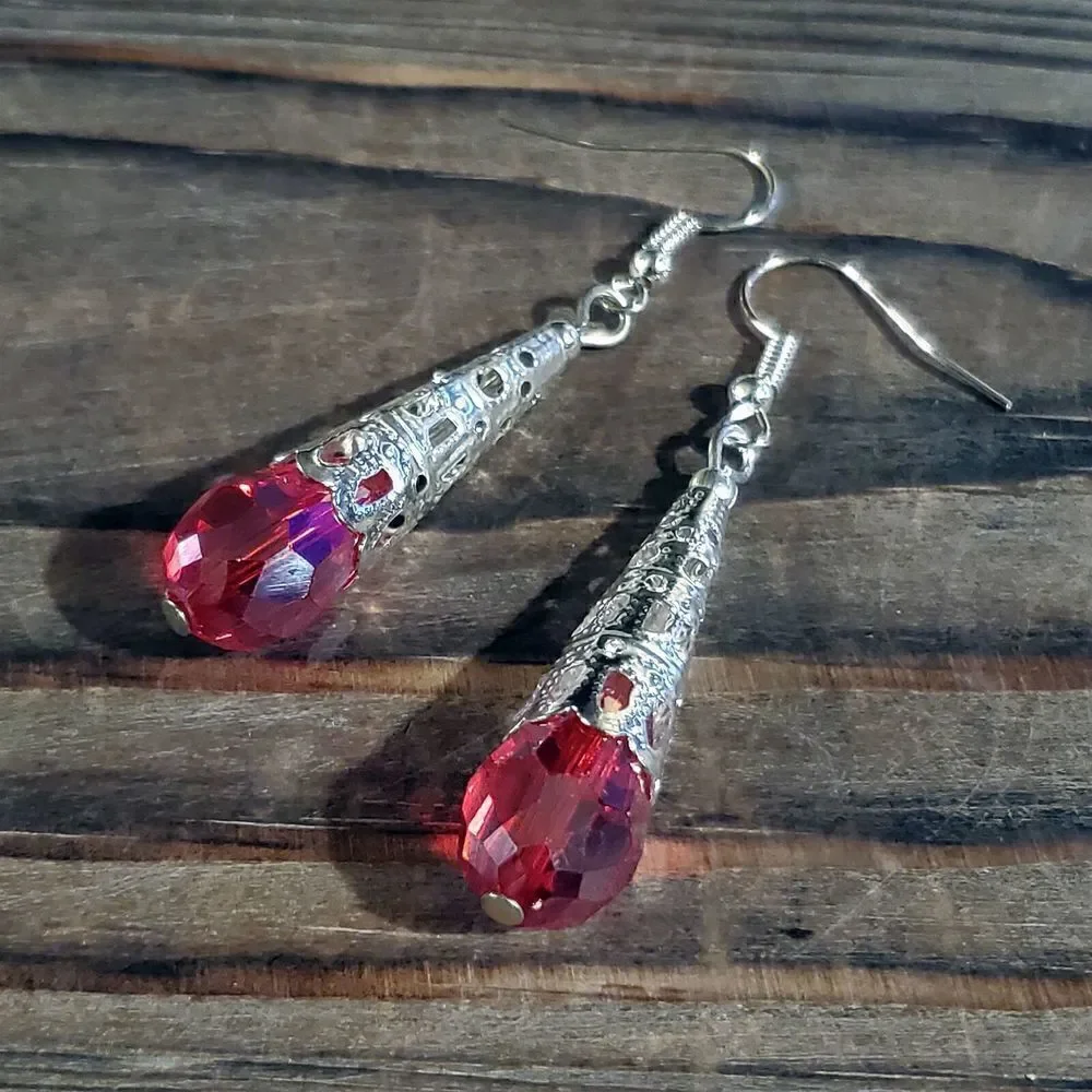 Hand Crafted Caged Filigree Faceted Red Crystal Silver Teardrop Earrings